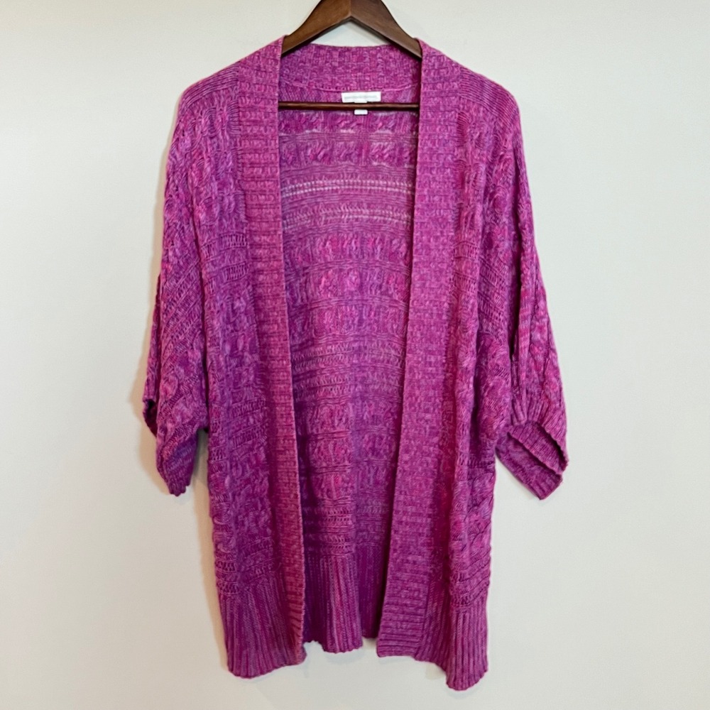 New York & Company Magenta Pink Cotton Cable Knit Open Front Cardigan Sweater L